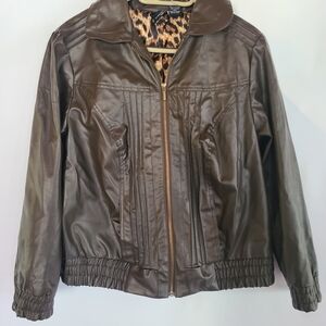 New Directions Faux Leather Bomber Jacket Brown Leopard Print Lining